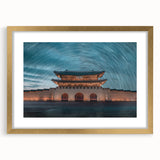 Extra large abstract art print of a textured Korean landscape in muted earth tones, framed with a golden mat.
