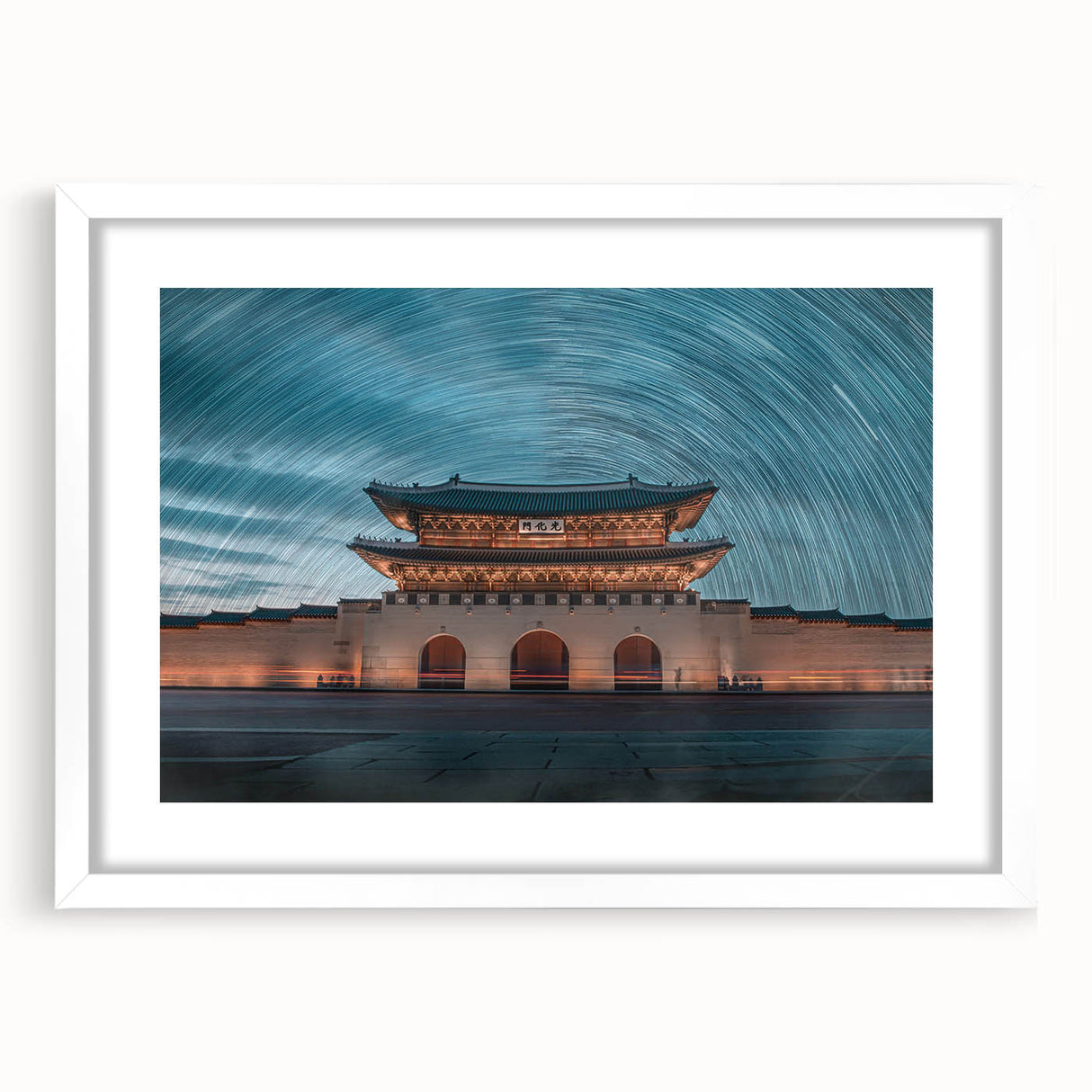 Abstract art print depicting a serene Korean landscape in muted green and blue tones, framed with a white mat.