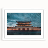 Abstract art print depicting a serene Korean landscape in muted green and blue tones, framed with a white mat.