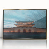 Mid-century modernist style large art print of an Asian landscape in gold and green hues, acrylic framed.