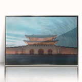 Mid-century modernist art depicting an Asian landscape in muted earth tones, framed acrylic, ideal for nursery wall decor.