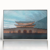 Art deco style poster of a Korean landscape in muted earth tones, framed acrylic, ideal for nursery wall art.