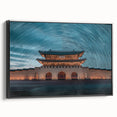 Black and white framed canvas of a vintage Korean landscape, ideal for bedroom wall decor.