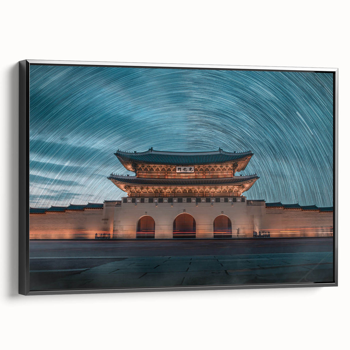 Black and white framed canvas of a vintage Korean landscape, ideal for bedroom wall decor.