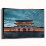Black and white framed canvas of a vintage Korean landscape, ideal for bedroom wall decor.