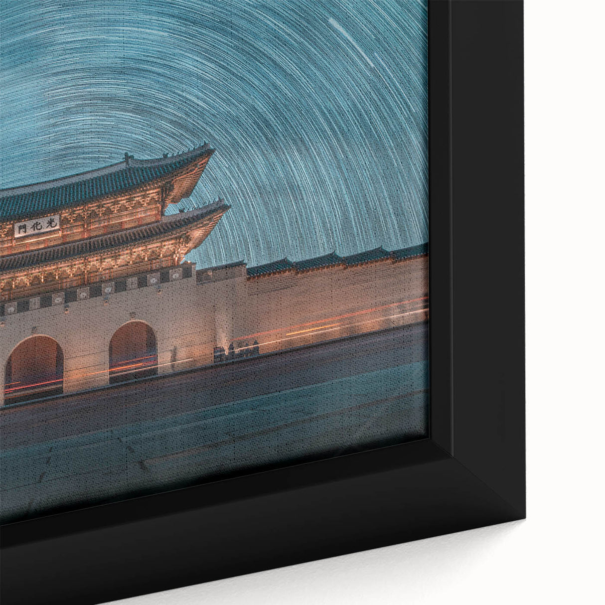 Extra large framed canvas featuring a textured, colorful Korean landscape in black, ideal for living room decor.