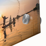 Large abstract wall art depicting a Laos scenery in muted earth tones on acrylic glass, suitable for dining room ambiance.