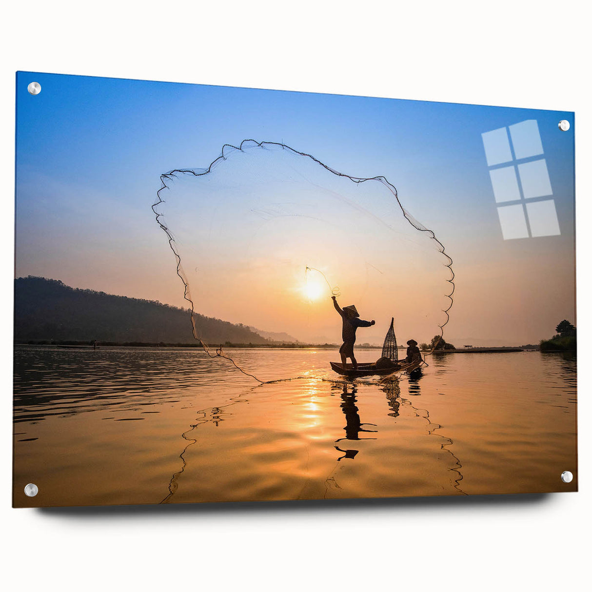 Large abstract wall art depicting a Laos scenery in muted earth tones on acrylic glass, ideal for dining room decor.