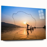 Large abstract wall art depicting an Asian landscape in muted earth tones, printed on acrylic glass.