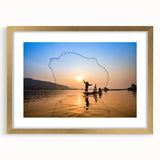 Extra large abstract art print featuring a textured scenery of Laos in muted earth tones, framed in gold.