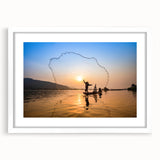 Abstract art print of a Laos scenery in muted earth tones on a white framed mat, ideal for dining room decor.