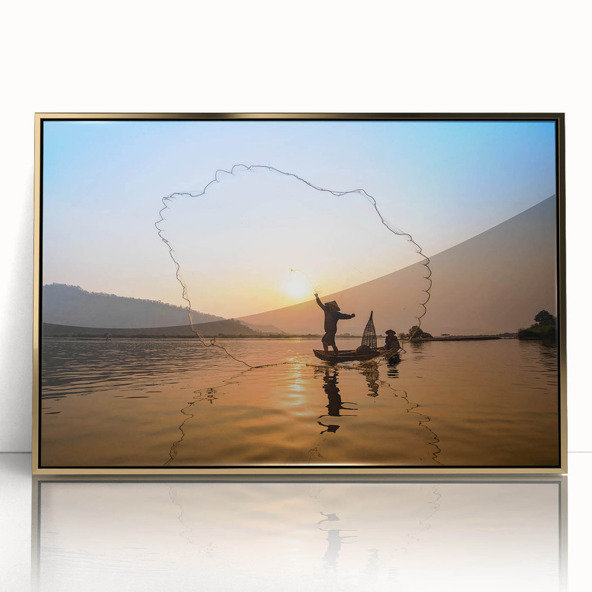 Large art print of a Laos landscape with lush greenery and a river, in a gold frame, styled in mid-century modernist art.