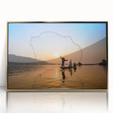 Large art print of a Laos landscape with lush greenery and a river, in a gold frame, styled in mid-century modernist art.