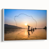 Vintage poster art of a Laos scenery in vibrant colors on a large framed canvas, ideal for living room decor.