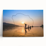 Black and white photo of a serene Laotian landscape on large stretched canvas.