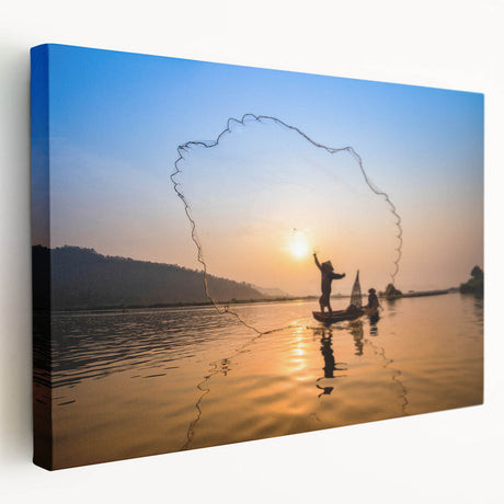 Side view of a stretched canvas depicting a serene Laotian landscape, with muted green and earth tones.