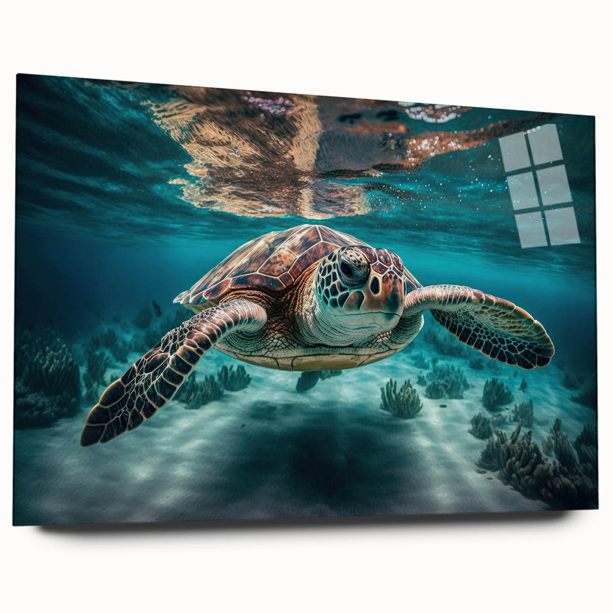 Large abstract wall art of a Malaysian landscape in vibrant greens and blues on acrylic glass.