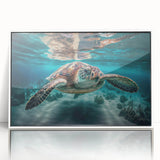 Art deco style poster of a Malaysian landscape in muted green and blue tones, acrylic framed.