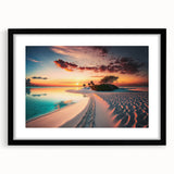 Extra large textured abstract art print of vibrant Maldivian scenery on a framed black mat, ideal for living room decor.
