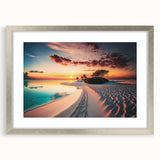 Textured art of a serene Maldivian seascape in cool blue shades, silver framed print ideal for bedroom decor.