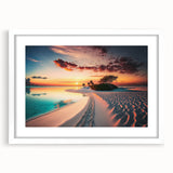 Abstract art print of Maldives scenery in muted blue and green tones, framed with a white mat.
