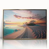 Mid-century modernist style large art print of a Maldivian scenery in vibrant blues and greens, framed in gold acrylic.