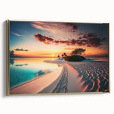 Framed canvas landscape painting of the Maldives with gold hues, ideal for bedroom wall art.