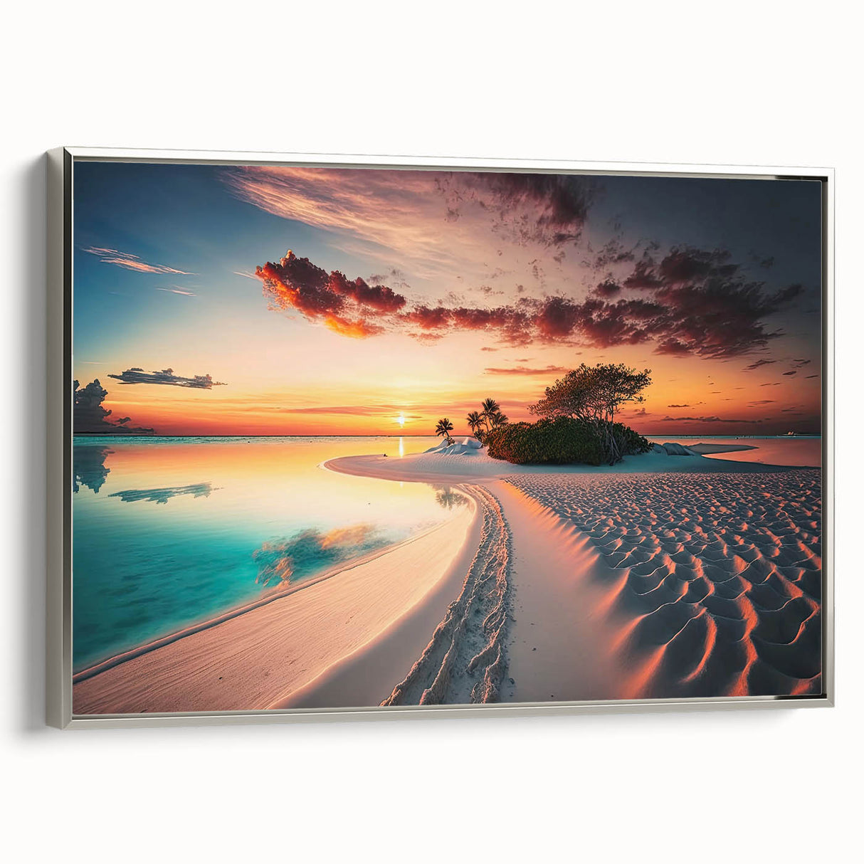 Framed canvas depicting a serene Maldivian landscape with soft blue and green tones.