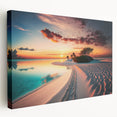 Large art depicting a serene Maldivian beach on a stretched canvas, featuring soft blue and white tones.