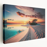 Large art depicting a serene Maldivian beach on a stretched canvas, featuring soft blue and white tones.