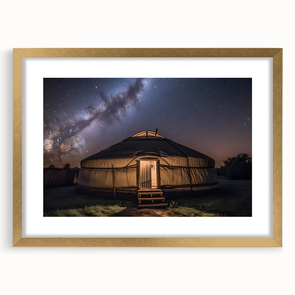 Extra large abstract art print featuring textured scenery of Mongolia in muted earth tones, framed in gold.