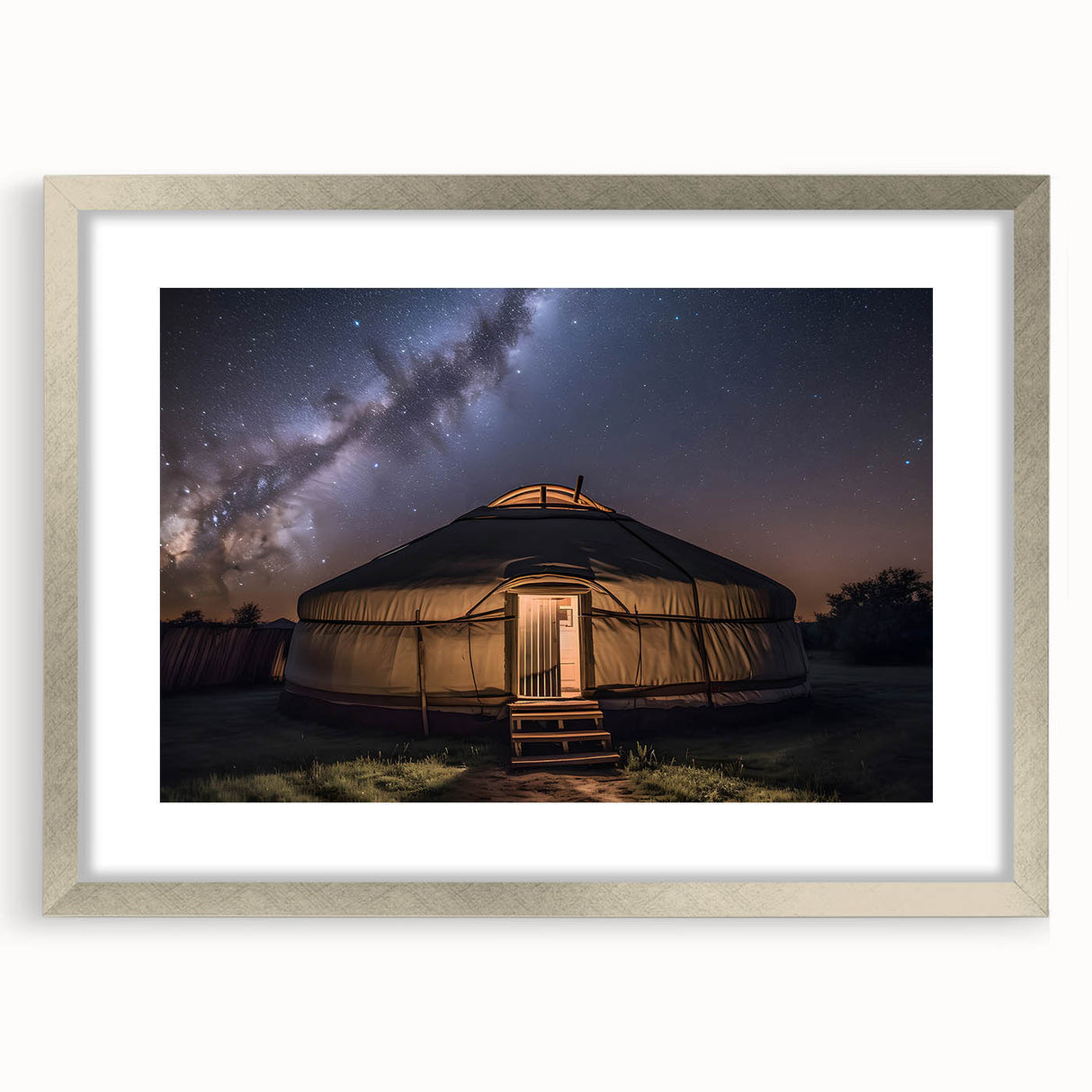 Textured abstract art print depicting a Mongolian landscape, in earthy tones on a silver-framed mat.