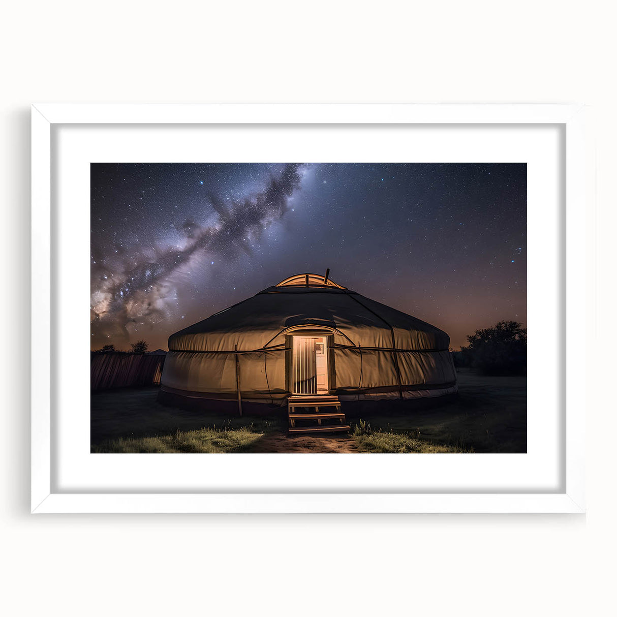 Abstract art print of a Mongolian landscape in muted earth tones on a white framed mat.