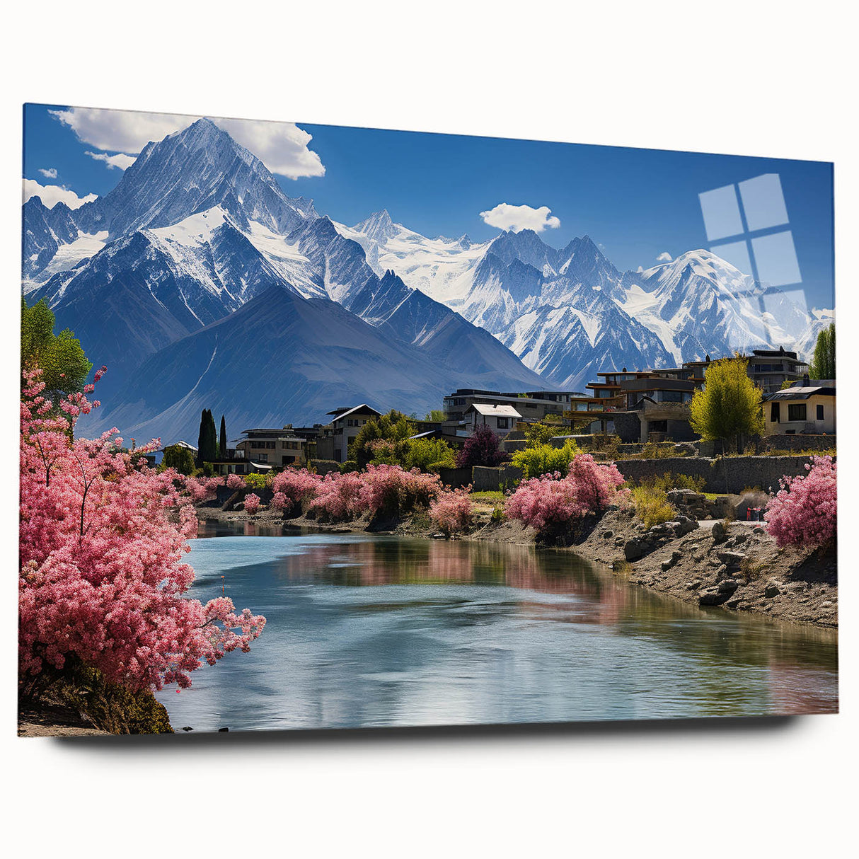 Large abstract wall art depicting a serene Pakistani landscape in soft earth tones on acrylic glass.