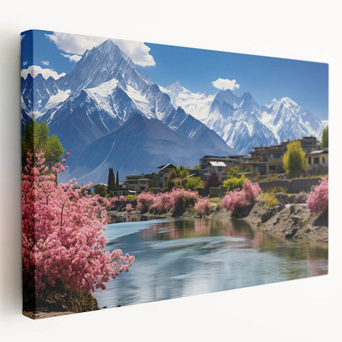 Scenic view of a Pakistani landscape on large stretched canvas, featuring earthy tones, ideal for kitchen wall art.