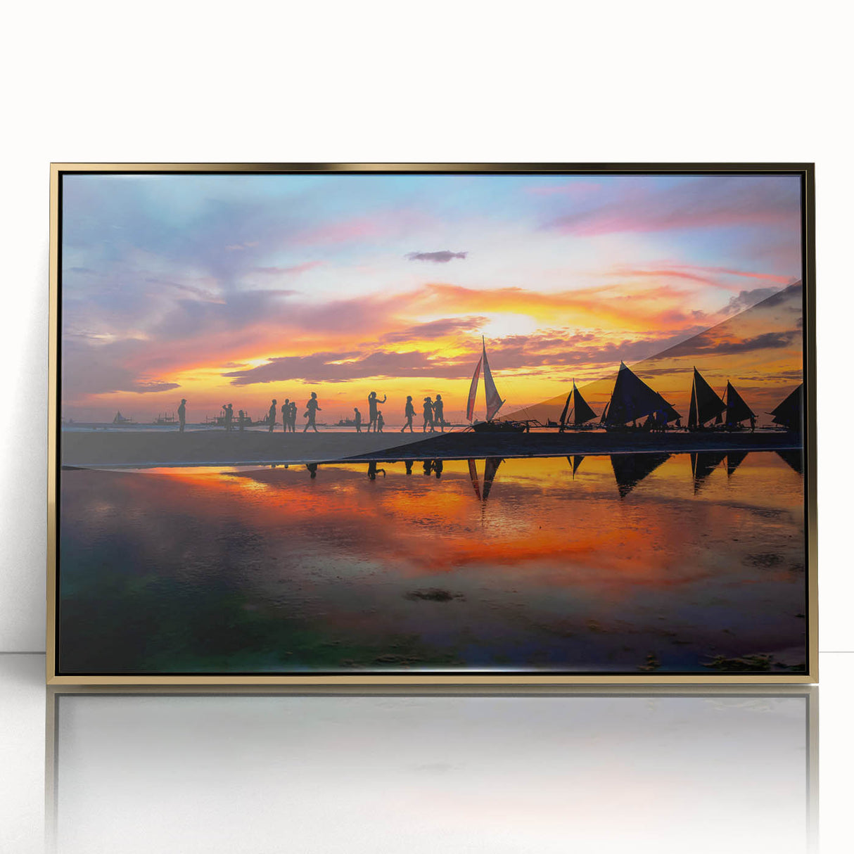 Mid-century modernist style large art print of a Philippine landscape in gold tones, framed acrylic.