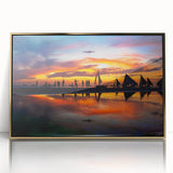 Mid-century modernist style large art print of a Philippine landscape in gold tones, framed acrylic.