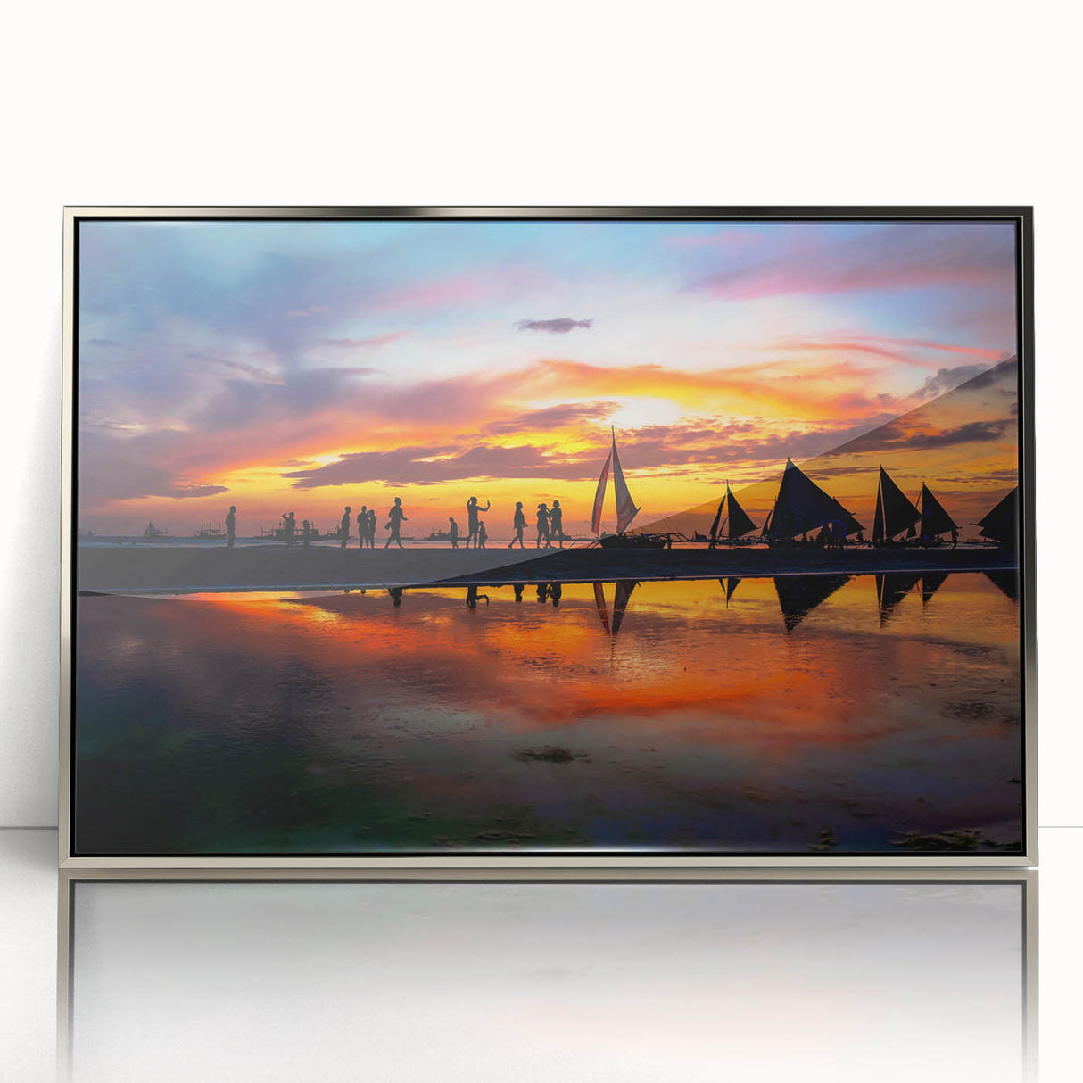 Mid-century modernist art depicting a serene Philippine landscape in pastel shades, framed in silver acrylic.