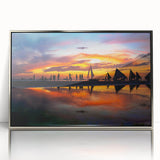 Mid-century modernist art depicting a serene Philippine landscape in pastel shades, framed in silver acrylic.