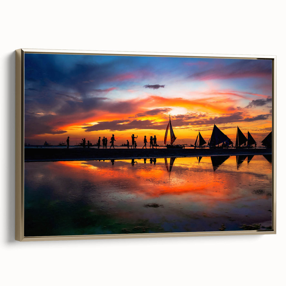 Vintage poster art of a Philippine landscape on framed canvas, with predominant black and gold tones.