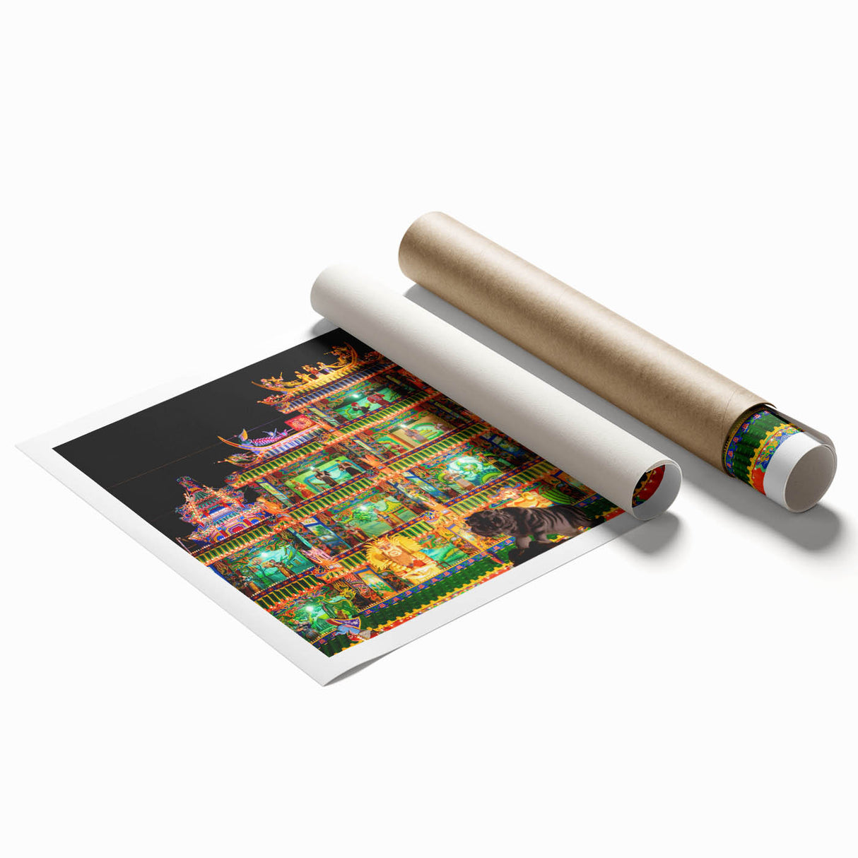 Extra large rolled print of a serene Taiwanese landscape with lush floral elements in soft green and blue tones.