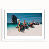 Abstract art print of a serene Thai landscape in muted green and blue tones, framed with a white mat.