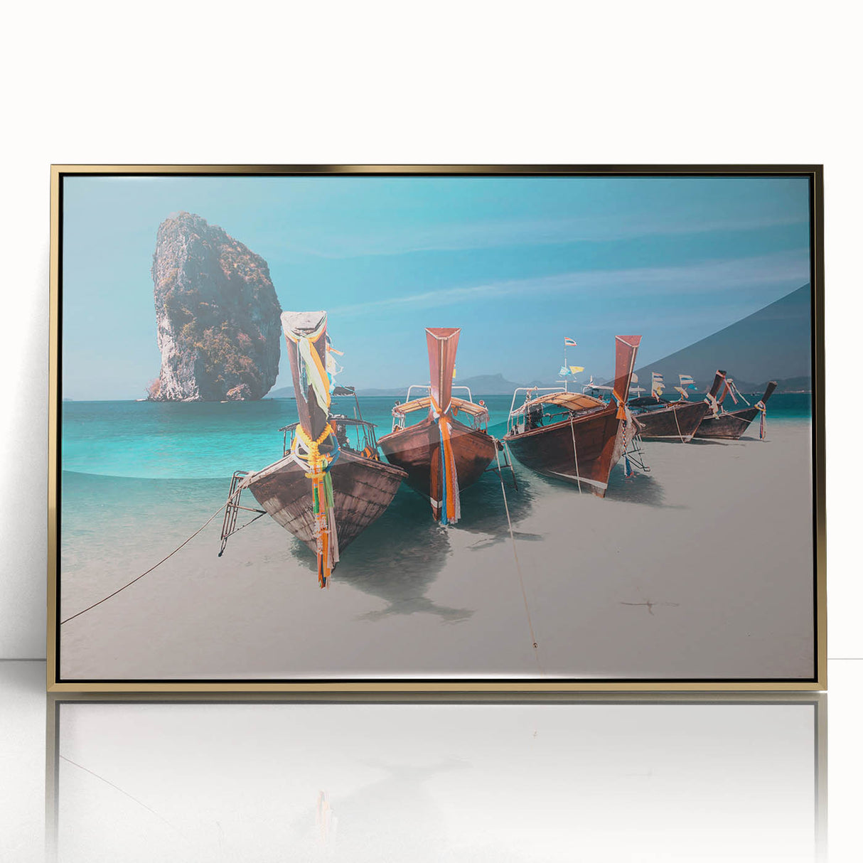 Large art print of a Thai landscape in gold tones on framed acrylic, suitable for modern art wall decor.