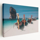 Side view of a large stretched canvas depicting a serene Thai landscape in vibrant green and blue tones.