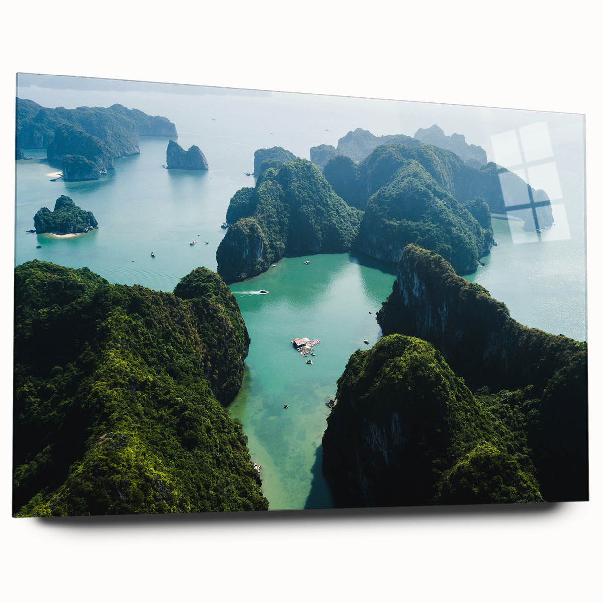Large abstract wall art depicting a serene Vietnamese landscape in muted green and blue tones, printed on acrylic glass.