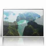 Framed acrylic print of a serene Vietnamese landscape in muted green and blue tones.