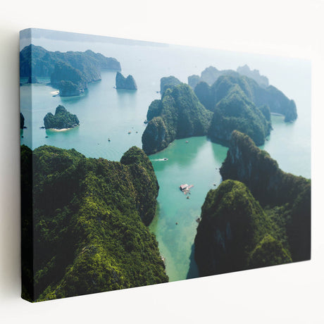Large art of Vietnamese landscape on stretched canvas with green and blue hues, ideal for kitchen wall art.