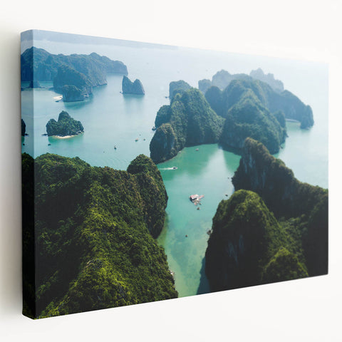 Large art of Vietnamese landscape on stretched canvas with green and blue hues, ideal for kitchen wall art.