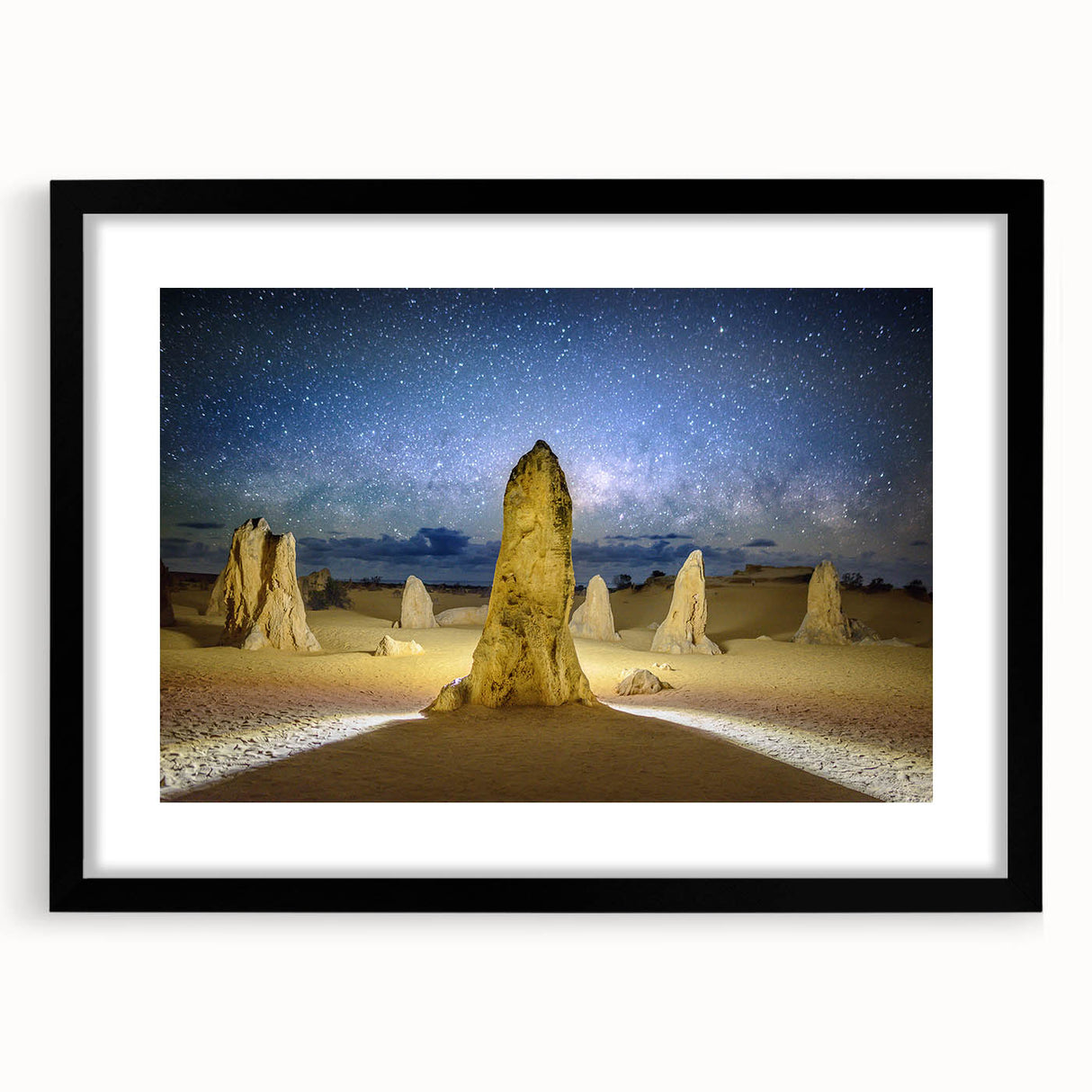 Extra large abstract art print of colorful, textured scenery, framed in black, ideal for living room decor.