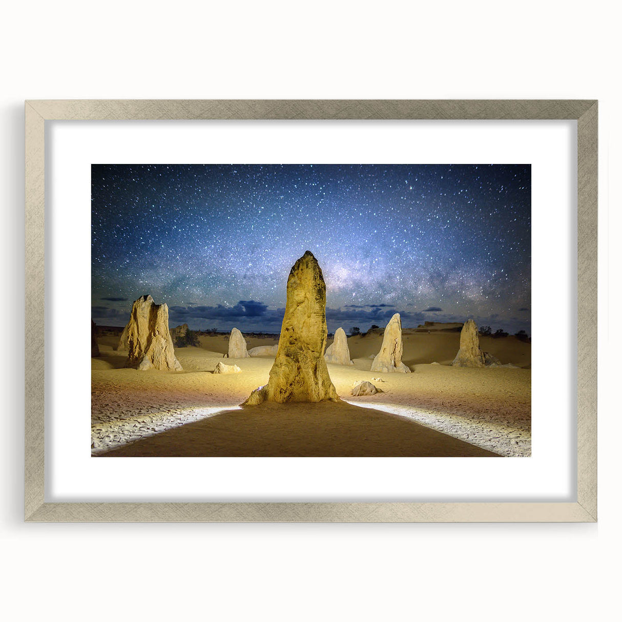 Abstract art print of Perth scenery in muted blue and green shades, framed with a silver mat, ideal for dining room decor.